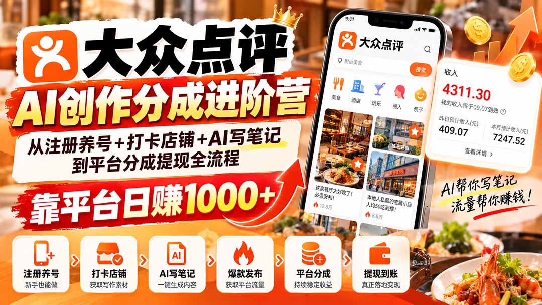大众点评AI创作分成进阶营：从注册养号+打卡店铺+AI写笔记到平台分成提现全流程，靠平台日赚1000+ - 寻创社