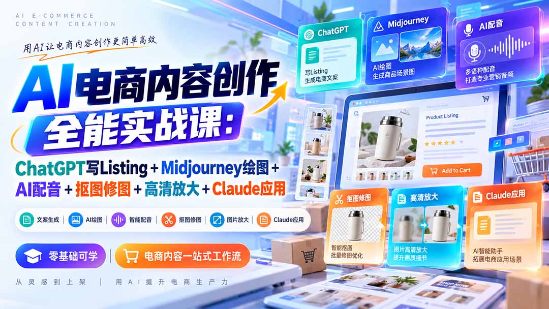 【无水印】AI电商内容创作全能实战课：ChatGPT写Listing+Midjourney绘图+AI配音+抠图修图+高清放大+Claude应用 - 寻创社