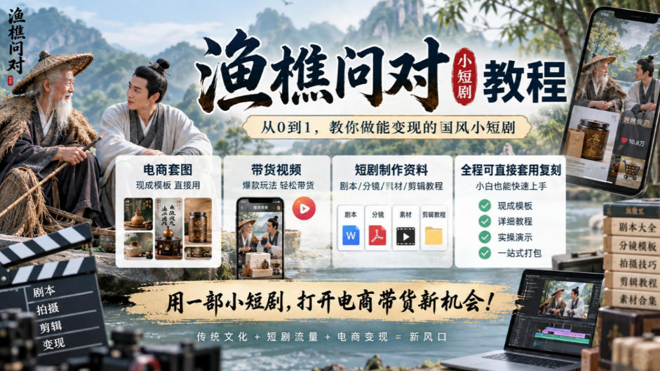 渔樵问对小短剧教程，包含电商套图、带货视频，短剧制作资料，全程可直接套用复刻 - 寻创社