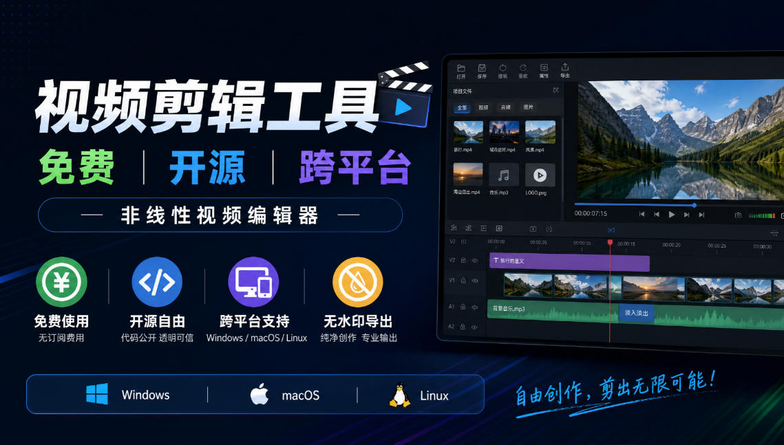 视频剪辑工具，免费、开源、跨平台，非线性视频编辑器，支持Windows、macOS、Linux，无水印、无订阅费用 - 寻创社