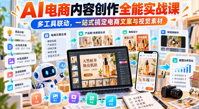 【无水印】AI电商内容创作全能实战课｜多工具联动，一站式搞定电商文案与视觉素材 - 寻创社