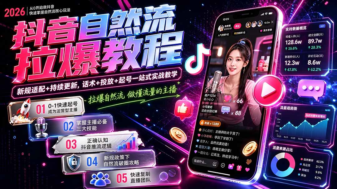 抖音自然流拉爆教程-更新1002：做懂流量的主播，新规适配+持续更新，话术+投放+起号一站式实战教学 - 寻创社