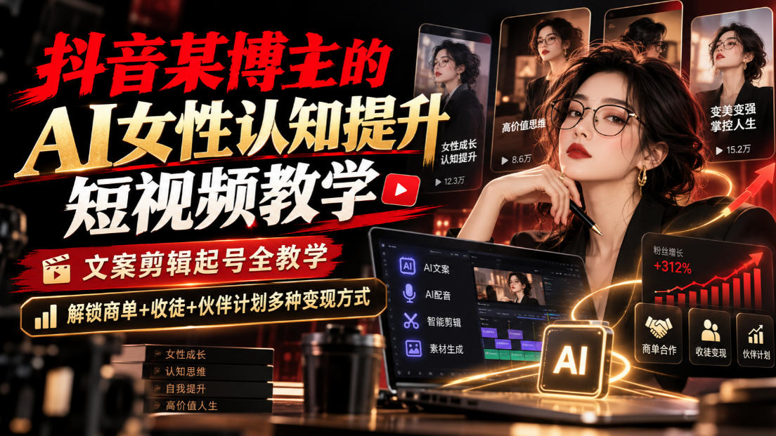 抖音某博主的Ai女性认知提升短视频教学，文案剪辑起号全教学，解锁商单+收徒+伙伴计划多种变现方式 - 寻创社