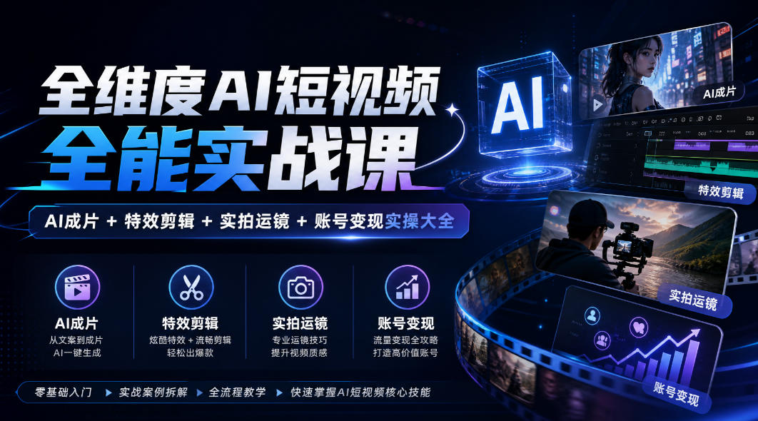 全维度AI短视频全能实战课，AI成片+特效剪辑+实拍运镜+账号变现实操大全 - 寻创社