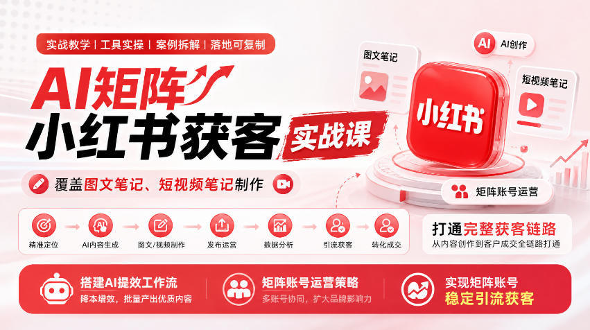 AI矩阵小红书获客实战课，覆盖图文笔记、短视频笔记制作，打通完整获客链路，搭建AI提效工作流，实现矩阵账号稳定引流获客 - 寻创社