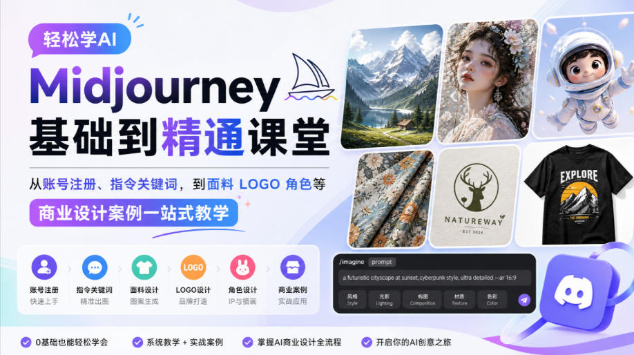 轻松学AI Midjourney基础到精通课堂，从账号注册、指令关键词，到面料LOGO角色等商业设计案例一站式教学 - 寻创社