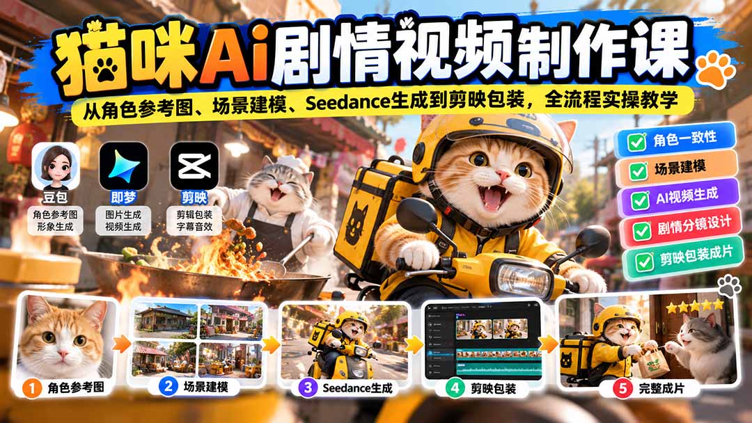 猫咪AI剧情视频制作课：从角色参考图、场景建模、Seedance生成到剪映包装，全流程实操教学 - 寻创社