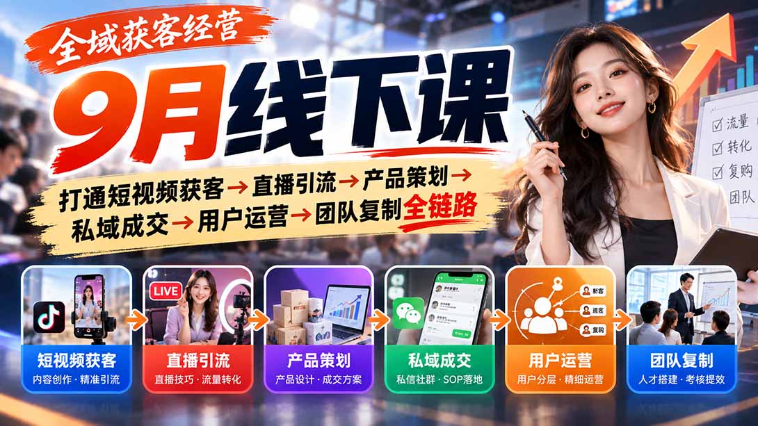 全域获客经营9月线下课：打通短视频获客→直播引流→产品策划→私域成交→用户运营→团队复制全链路 - 寻创社