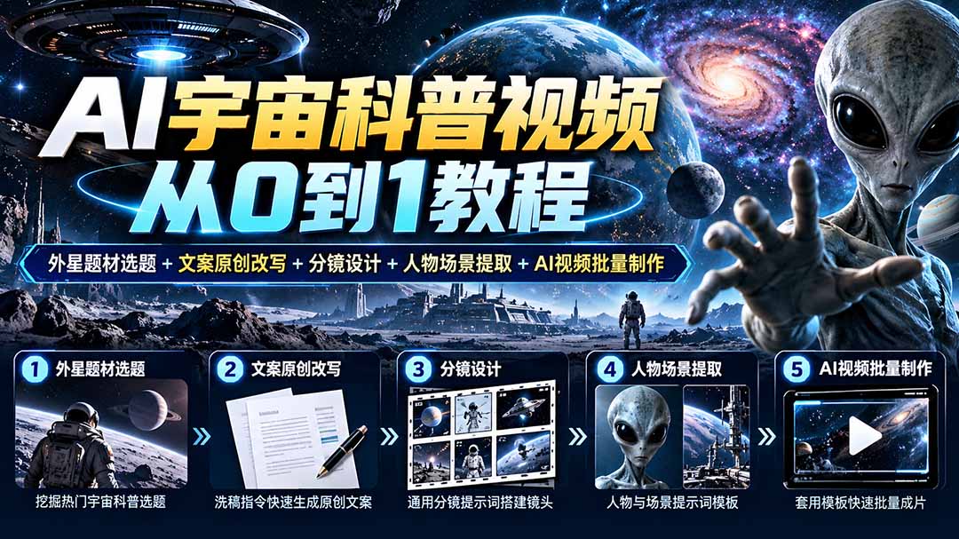 AI宇宙科普视频从0到1教程｜外星题材选题+文案原创改写+分镜设计+人物场景提取+AI视频批量制作 - 寻创社