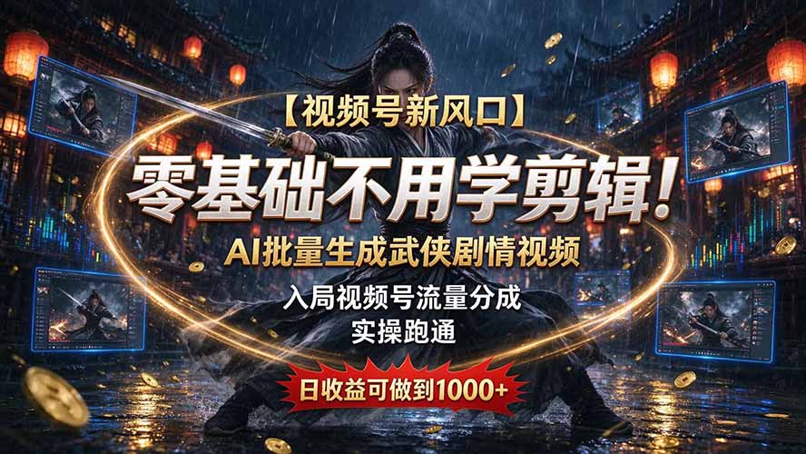 【视频号新风口】零基础不用学剪辑！AI 批量生成武侠剧情视频，入局视频号流量分成，实操跑通，日收益可做到 1000+ - 寻创社