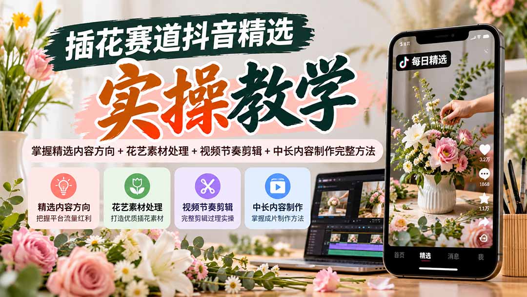 插花赛道抖音精选实操教学：掌握精选内容方向+花艺素材处理+视频节奏剪辑+中长内容制作完整方法 - 寻创社