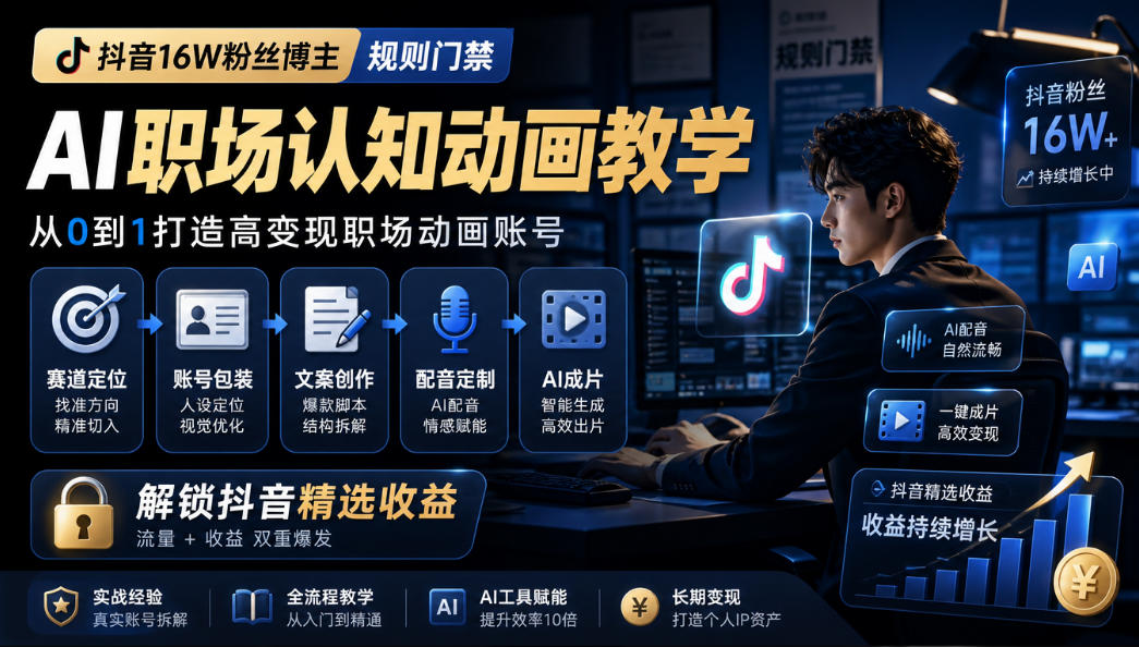 抖音16W粉丝博主规则门禁的AI职场认知动画教学，从赛道定位、账号包装，到文案创作、配音定制、AI成片，解锁抖音精选收益 - 寻创社