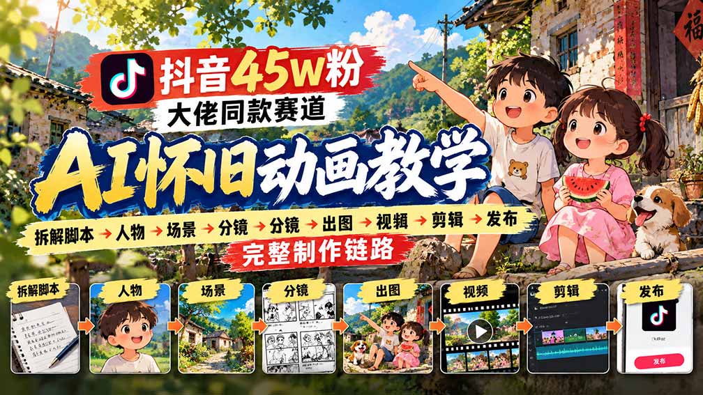 抖音45W粉大佬同款赛道AI怀旧动画教学：拆解脚本→人物→场景→分镜→出图→视频→剪辑→发布完整制作链路 - 寻创社