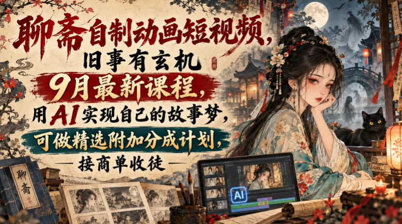 聊斋自制动画短视频，旧事有玄机9月最新课程，用AI实现自己的故事梦，可做精选附加分成计划，接商单收徒 - 寻创社