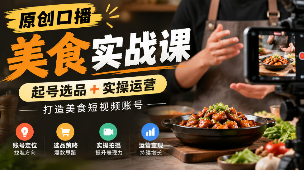 原创口播美食实战课，起号选品+实操运营，打造美食短视频账号 - 寻创社