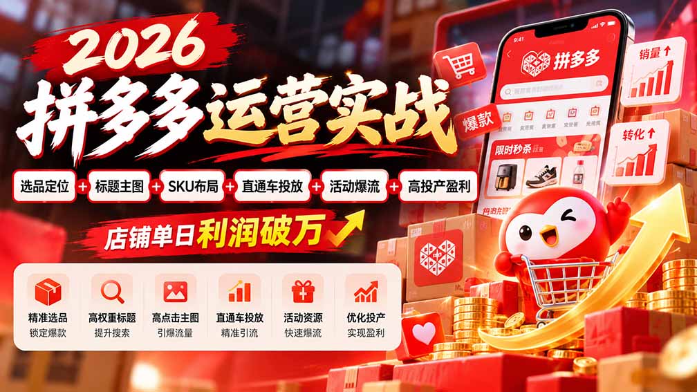2026拼多多运营实战-更新1002：选品定位+标题主图+SKU布局+直通车投放+活动爆流+高投产盈利 店铺单日利润破万 - 寻创社