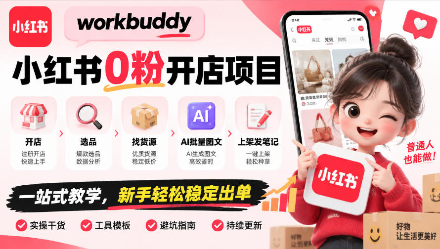 workbuddy小红书0粉开店项目，开店、选品、找货源、AI批量图文、上架发笔记一站式教学，新手轻松稳定出单 - 寻创社