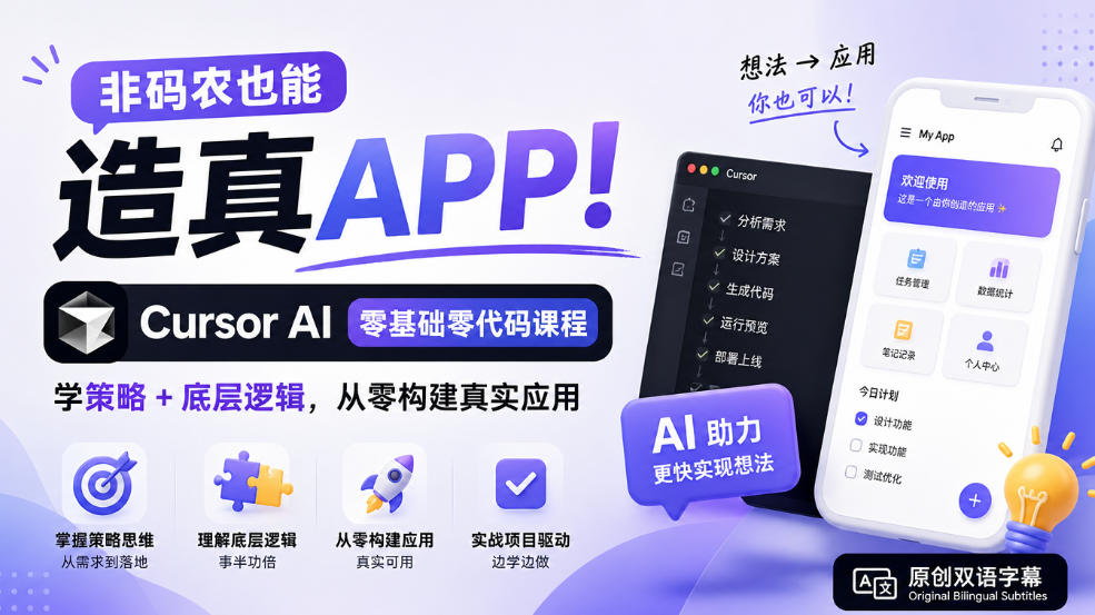 非码农也能造真APP！Cursor AI零基础零代码课程：学策略+底层逻辑，从零构建真实应用【原创双语字幕】 - 寻创社