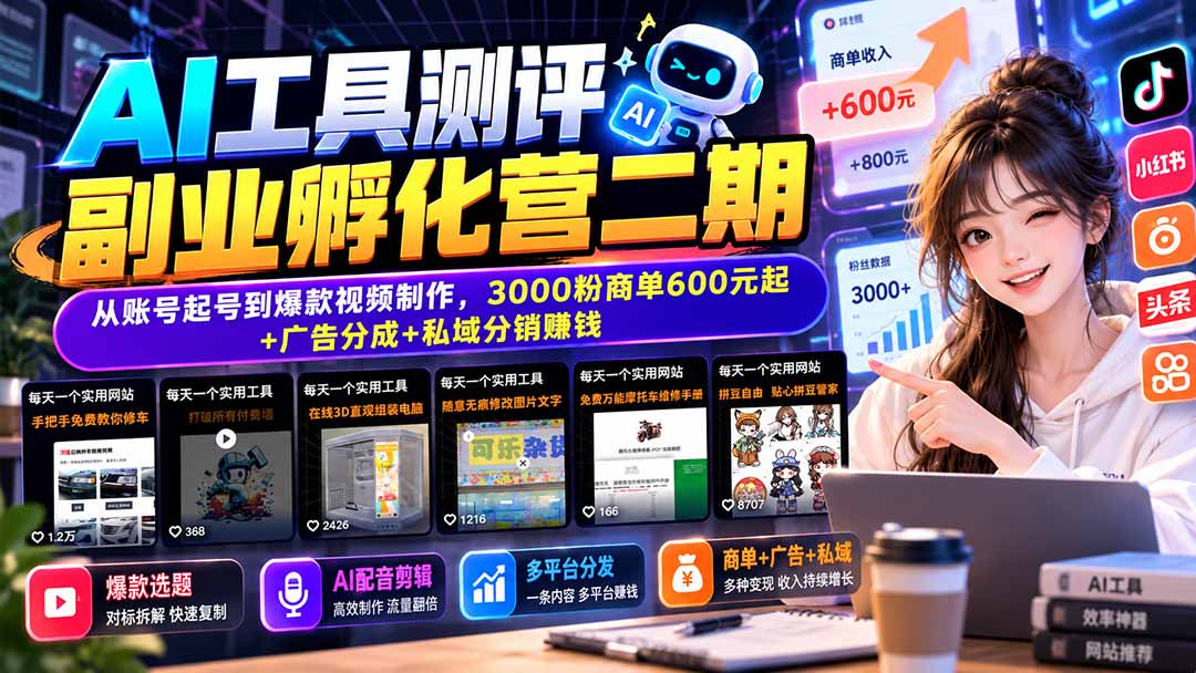 AI工具测评副业孵化营二期：从账号起号到爆款视频制作，3000粉商单600元起+广告分成+私域分销赚钱 - 寻创社