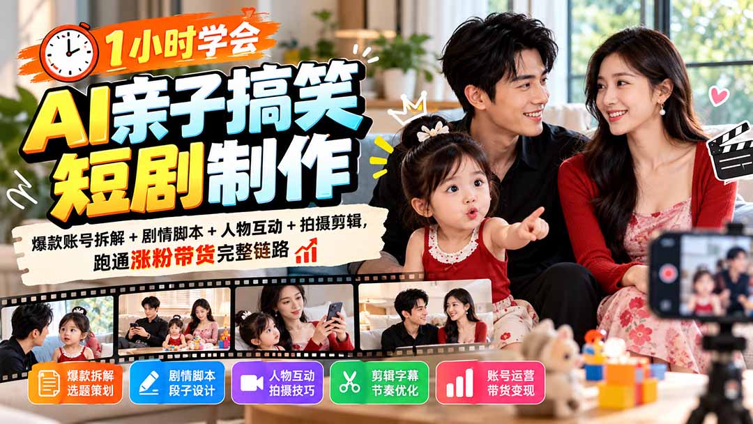 1小时学会AI亲子搞笑短剧制作：爆款账号拆解+剧情脚本+人物互动+拍摄剪辑，跑通涨粉带货完整链路 - 寻创社