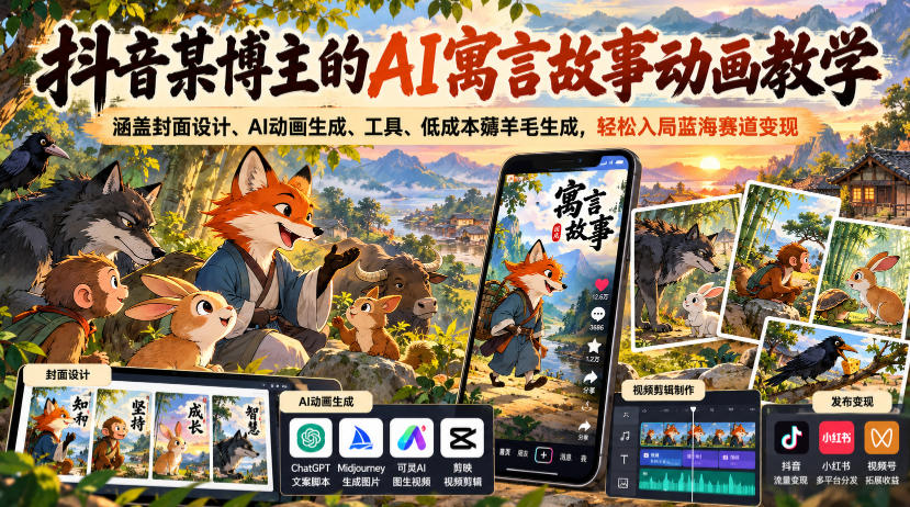 抖音某博主的AI寓言故事动画教学，涵盖封面设计、AI动画生成、工具、低成本薅羊毛生成，轻松入局蓝海赛道变现 - 寻创社
