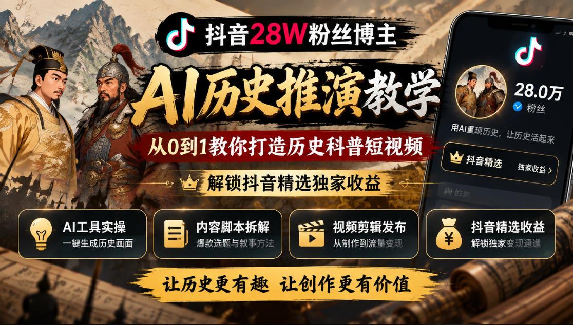 抖音28W粉丝博主的AI历史推演教学，从0到1教你打造历史科普短视频，解锁抖音精选独家收益 - 寻创社