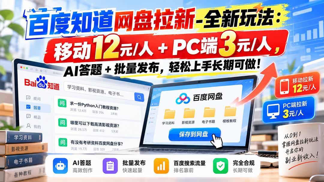 百度知道网盘拉新-全新玩法：移动12元/人+PC端3元/人，AI答题+批量发布，轻松上手长期可做！ - 寻创社