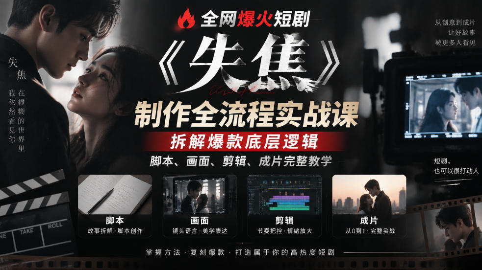 全网爆火短剧《失焦》制作全流程实战课｜拆解爆款底层逻辑，脚本、画面、剪辑、成片完整教学 - 寻创社