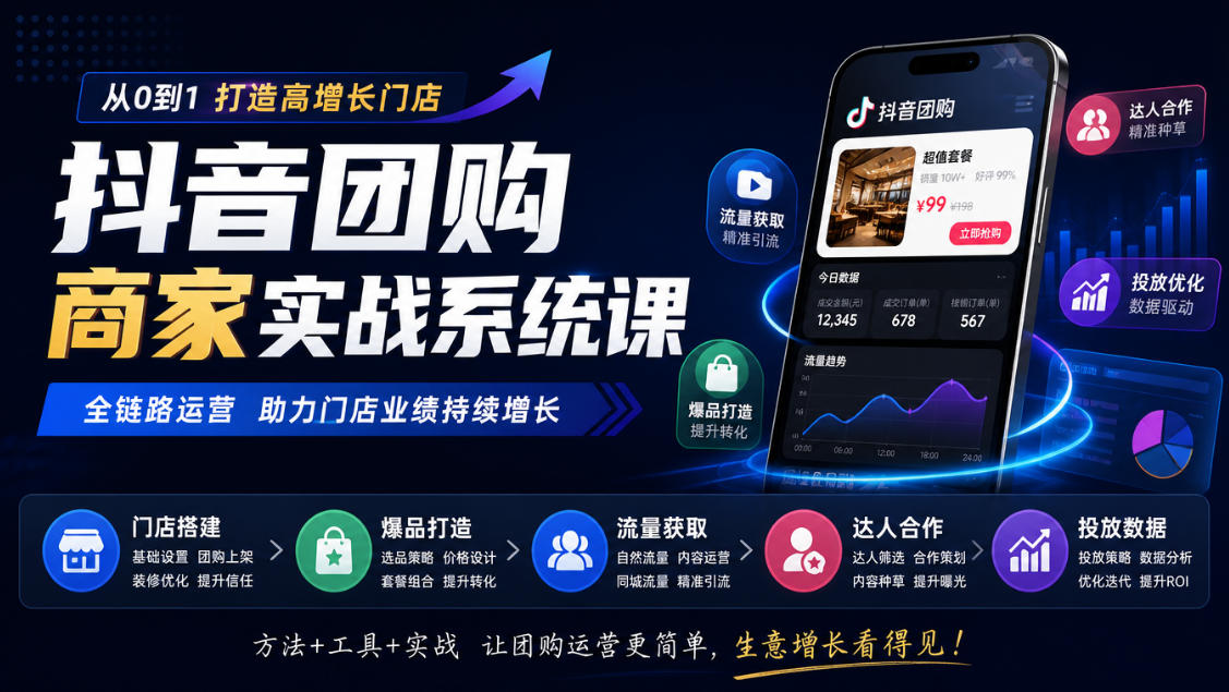 抖音团购商家实战系统课｜门店搭建、爆品打造、流量获取、达人合作、投放数据全链路运营 - 寻创社