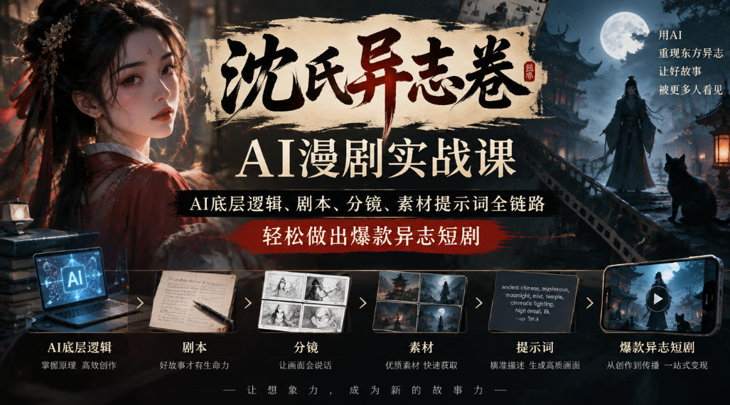 沈氏异志卷AI漫剧实战课｜AI底层逻辑、剧本、分镜、素材提示词全链路，轻松做出爆款异志短剧 - 寻创社