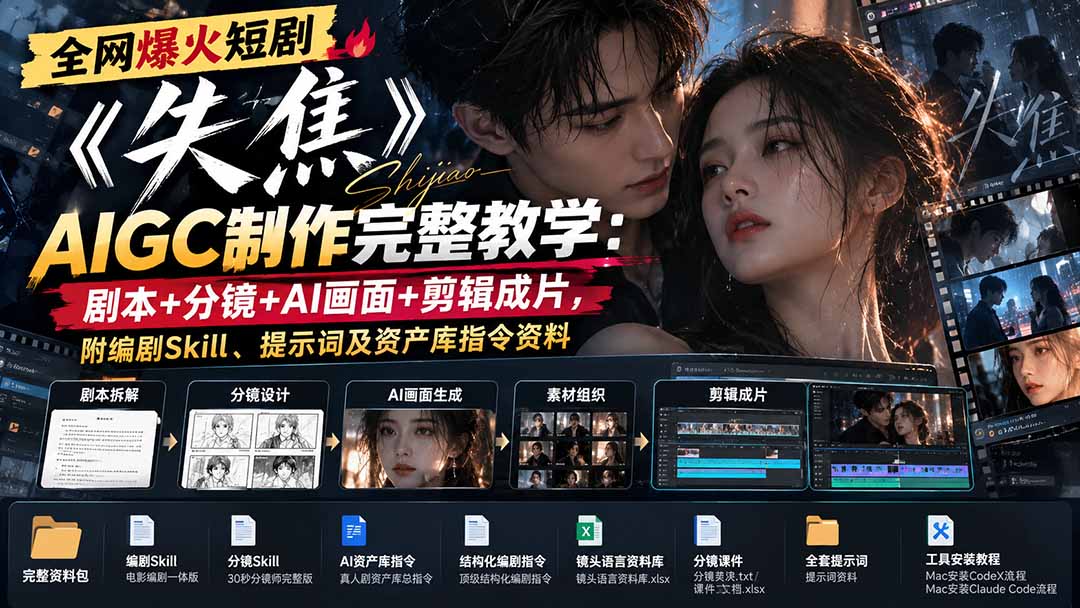 全网爆火短剧《失焦》AIGC制作完整教学：剧本+分镜+AI画面+剪辑成片，附编剧Skill、提示词及资产库指令资料 - 寻创社