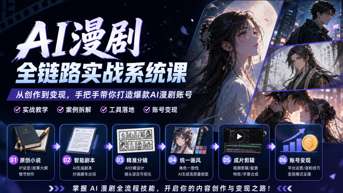 AI漫剧全链路实战系统课｜原创小说、智能剧本、精准分镜、统一画风、成片剪辑、账号变现实操教学 - 寻创社