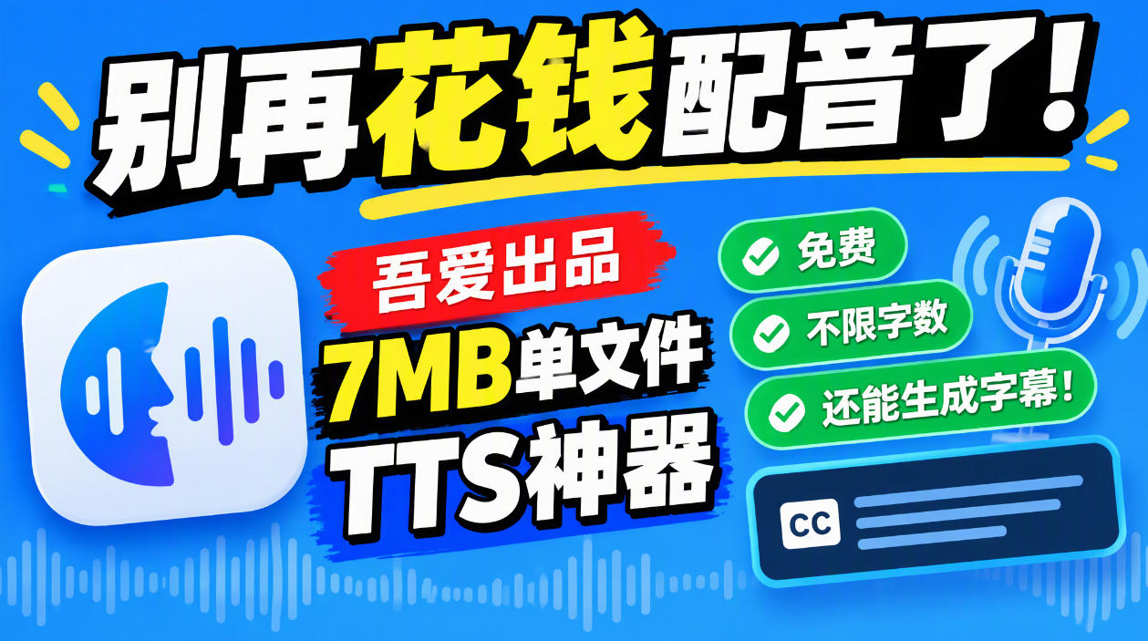 别再花钱配音了！吾爱出品7MB单文件TTS神器，免费不限字数还能生成字幕！ - 寻创社