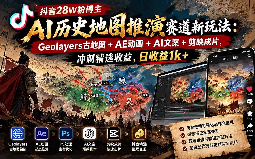 抖音28W粉博主AI历史地图推演赛道新玩法：Geolayers古地图+AE动画+AI文案+剪映成片，冲刺精选收益，日收益1k+ - 寻创社